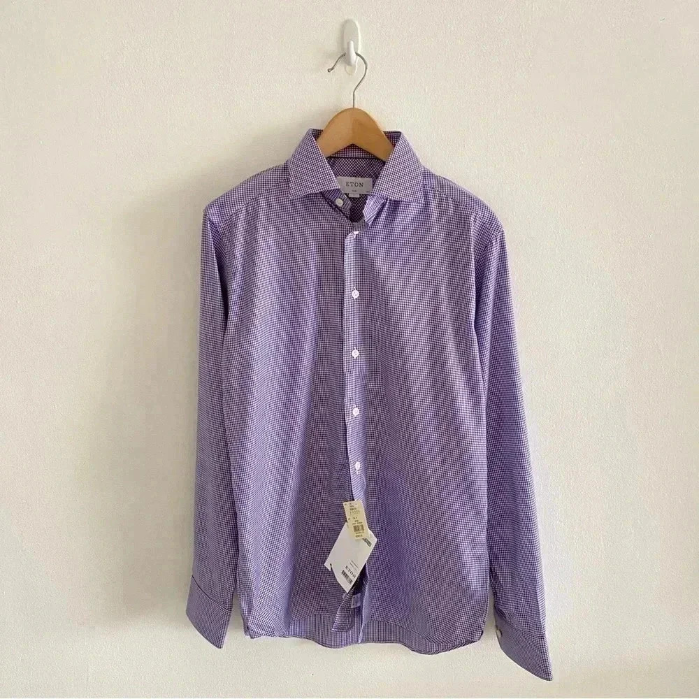 ETON Slim-Fit Check Cotton Dress Shirt Purple Sz S Slim